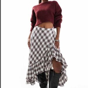 Sincerely Jules Neutral Plaid Ruffle Maxi Skirt